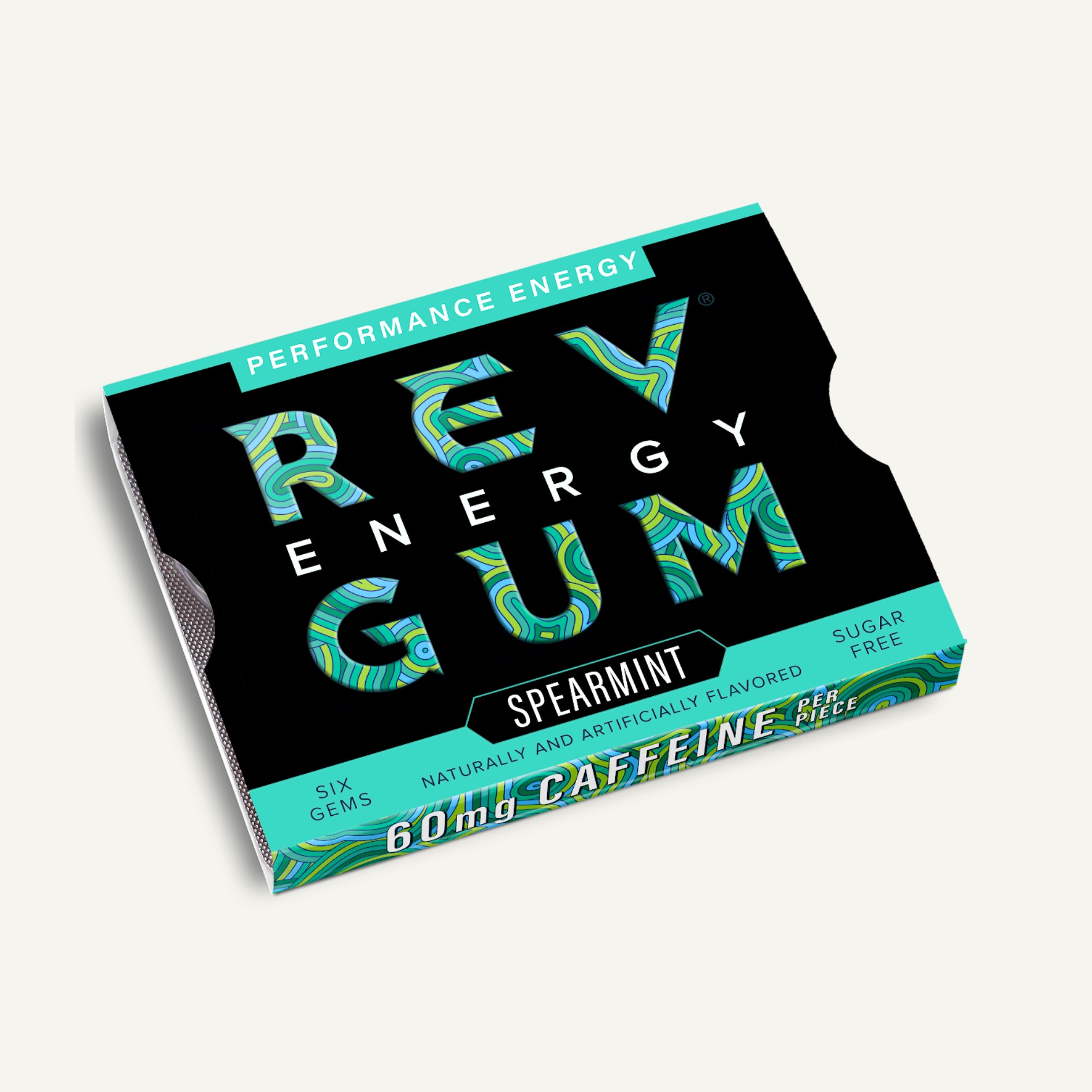 A pack of Rey Energy Gum in spearmint flavor with 60mg of caffeine, marketed as a performance energy product.