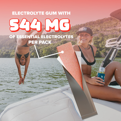 stack of packs of REV Electrolyte watermelon lime flavor on a gradient background and icons to the left displaying sugar free, 64mg of potassium and fast acting.