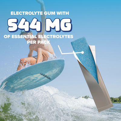 stack of REV Electrolyte Frost Berry Gum packaging on a blue background with product features listed such as sugar free, 64mg of potassium and fast acting.