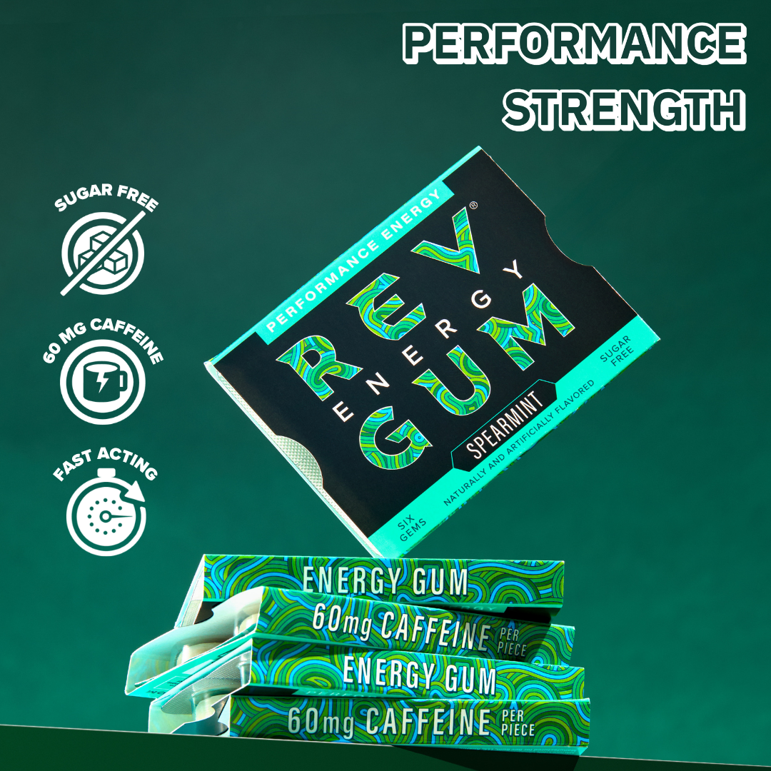 REV Energy Gum packaging with green and black design on a green background