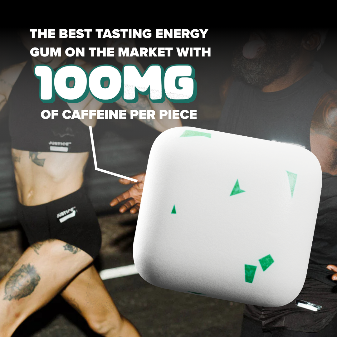 Piece of energy gum with 100mg caffeine content text overlay on a blurred background