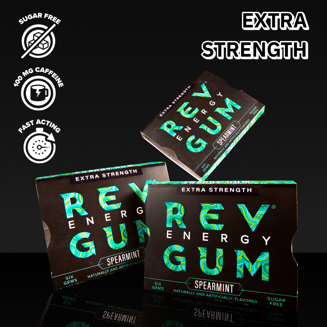 REV Extra Strength Energy Gum packaging with spearmint flavor on a black background