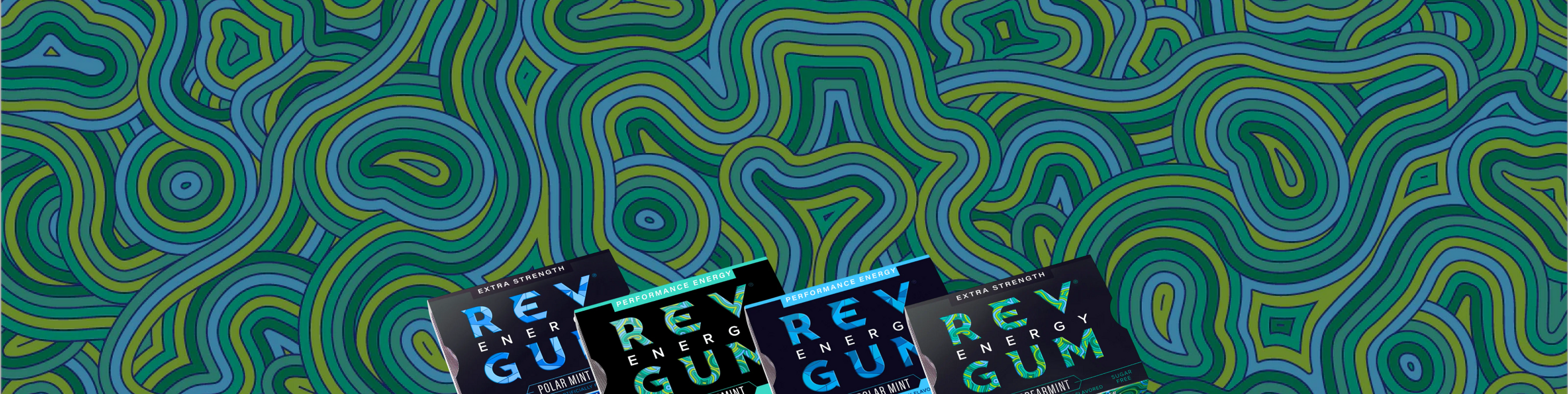 pack of rev polar mint extra strength energy gum, pack of rev spearmint performance energy gum, pack of rev performance polar mint gum, pack of rev spearmint extra strength gum with spearmint hero pattern in background