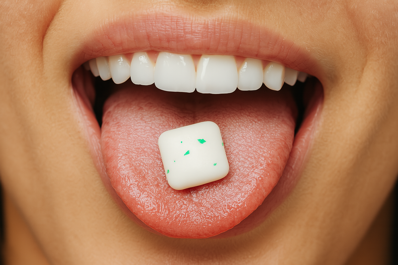 Close-up of a person's tongue with a piece of rev on it