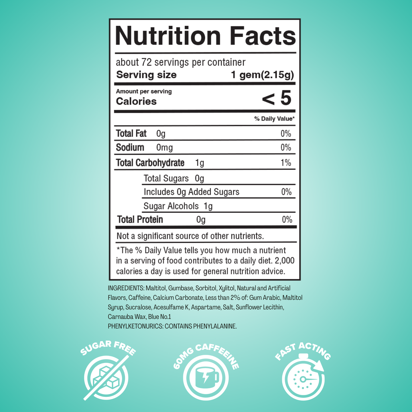 REV Spearmint Performance Energy Nutrition label and icons indicating sugar free, 60mg of caffeine and fast acting. green background.