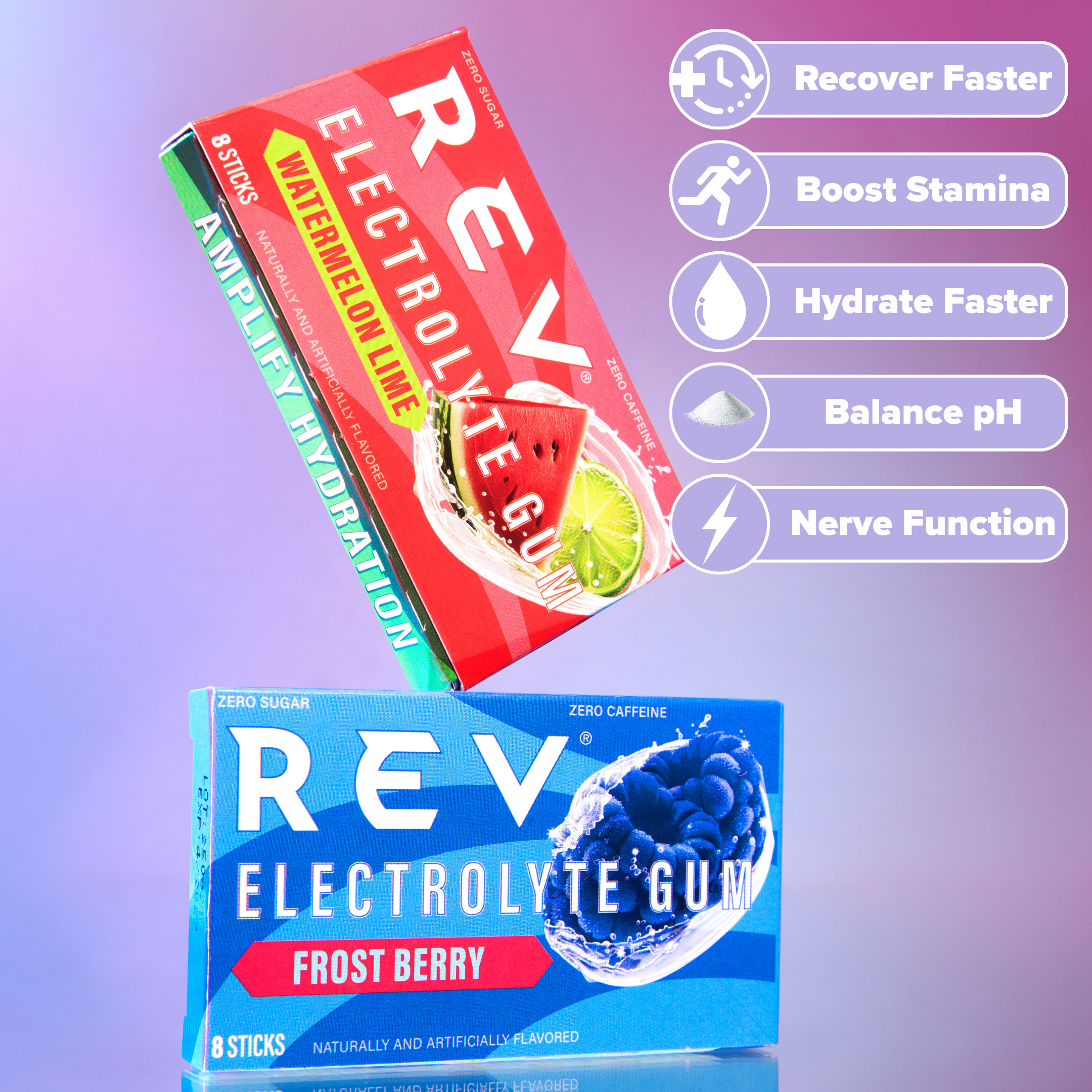 Two boxes of REV Electrolyte Gum, one watermelon lime and one frost berry, on a gradient purple background with feature icons.