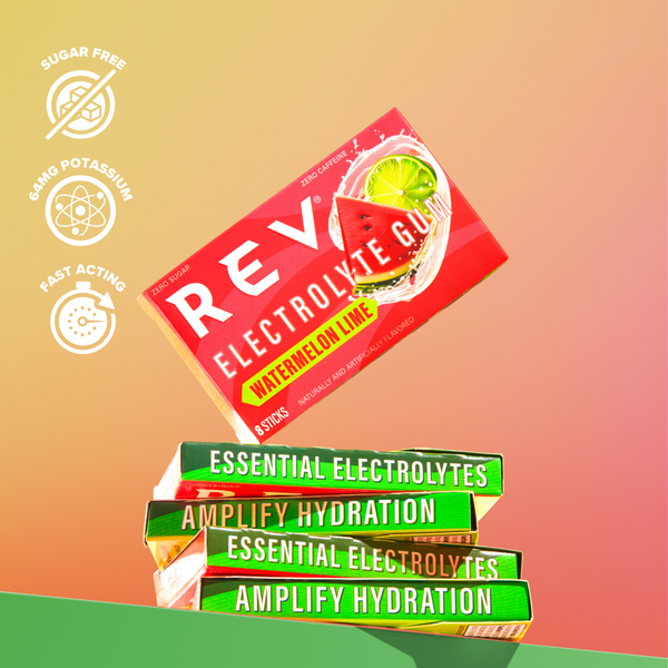 stack of packs of REV Electrolyte watermelon lime flavor on a gradient background and icons to the left displaying sugar free, 64mg of potassium and fast acting.