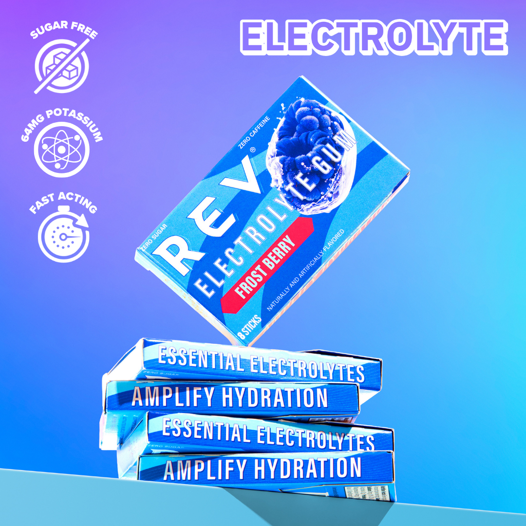 REV Electrolyte gum packaging with blue and white design on a gradient background