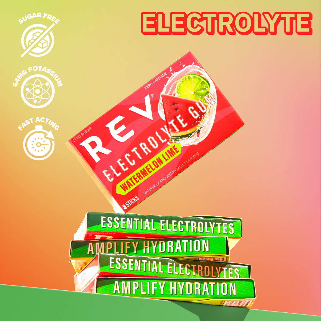Red package of REV Electrolyte Gum with watermelon lime flavor on a gradient background