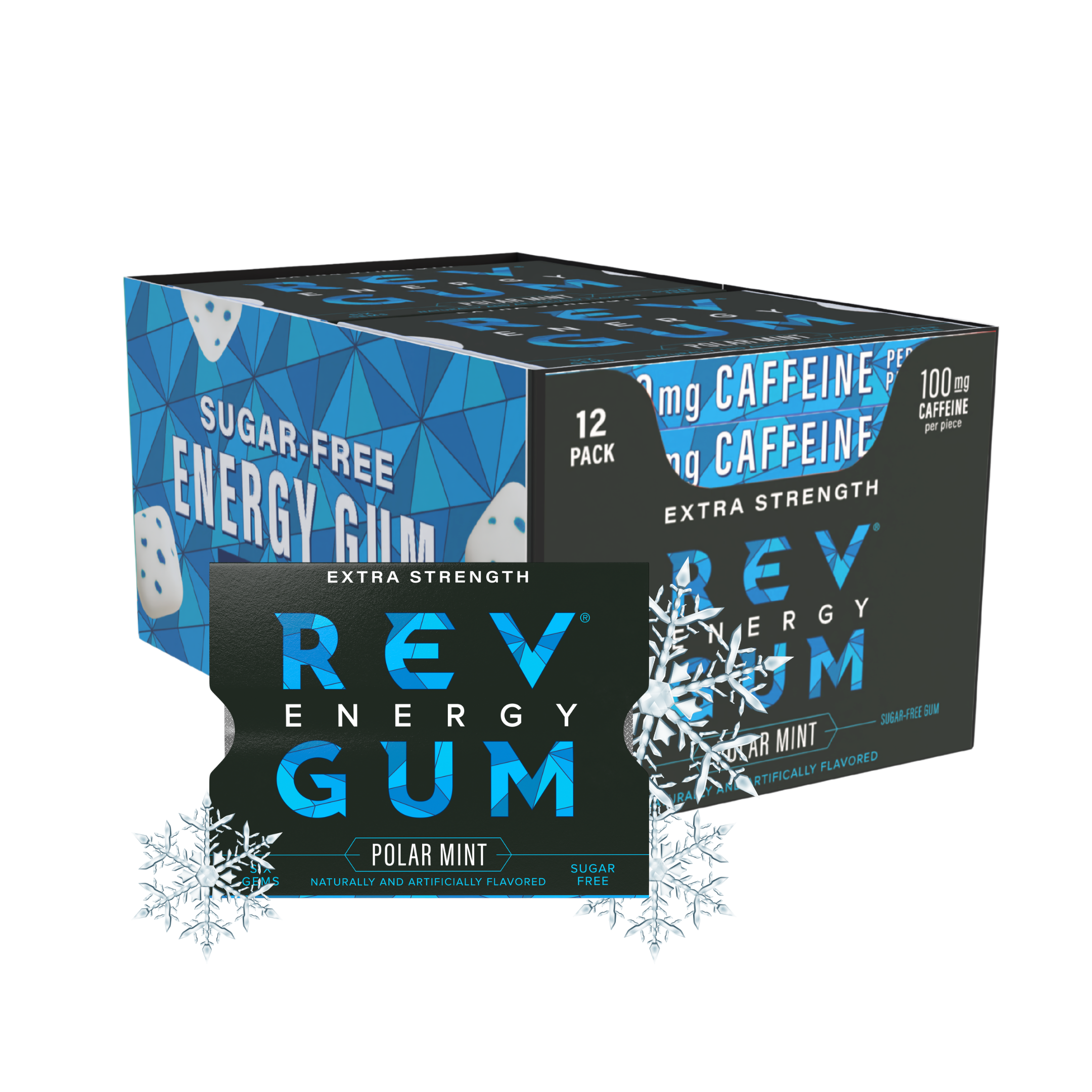 Box of Rev Energy Polar Mint Extra Strength Gum with a single pack in front and snowflakes to either side.