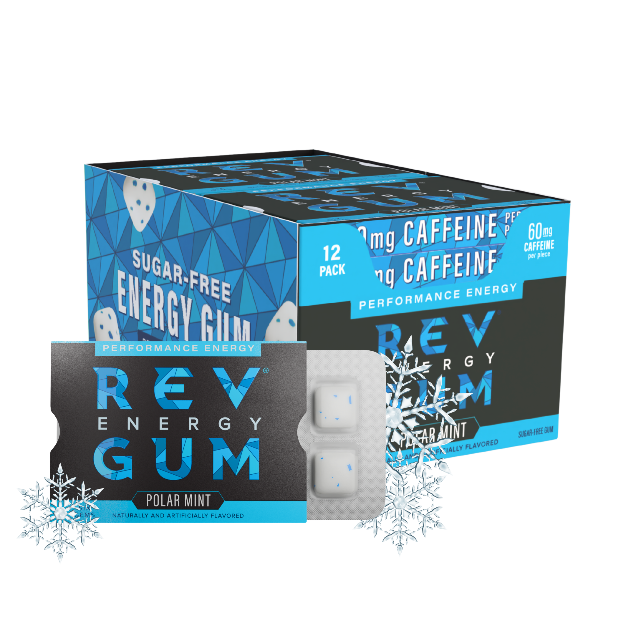 a pack of rev polar mint performance energy with snowflakes on either side in front of a carton of packs. 