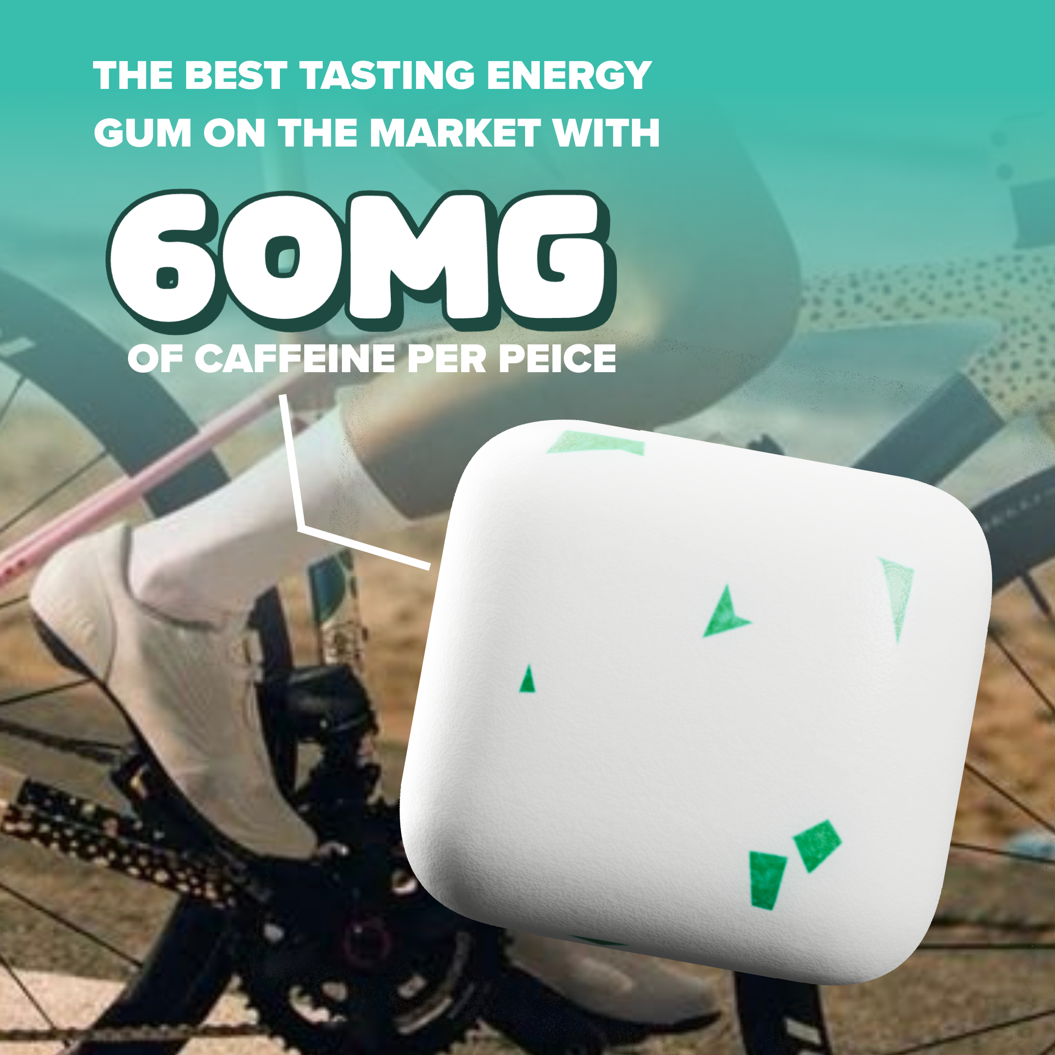 an up close rendering of a piece of rev spearmint with indication of 60mg of caffeine per piece. a biker in the background. 