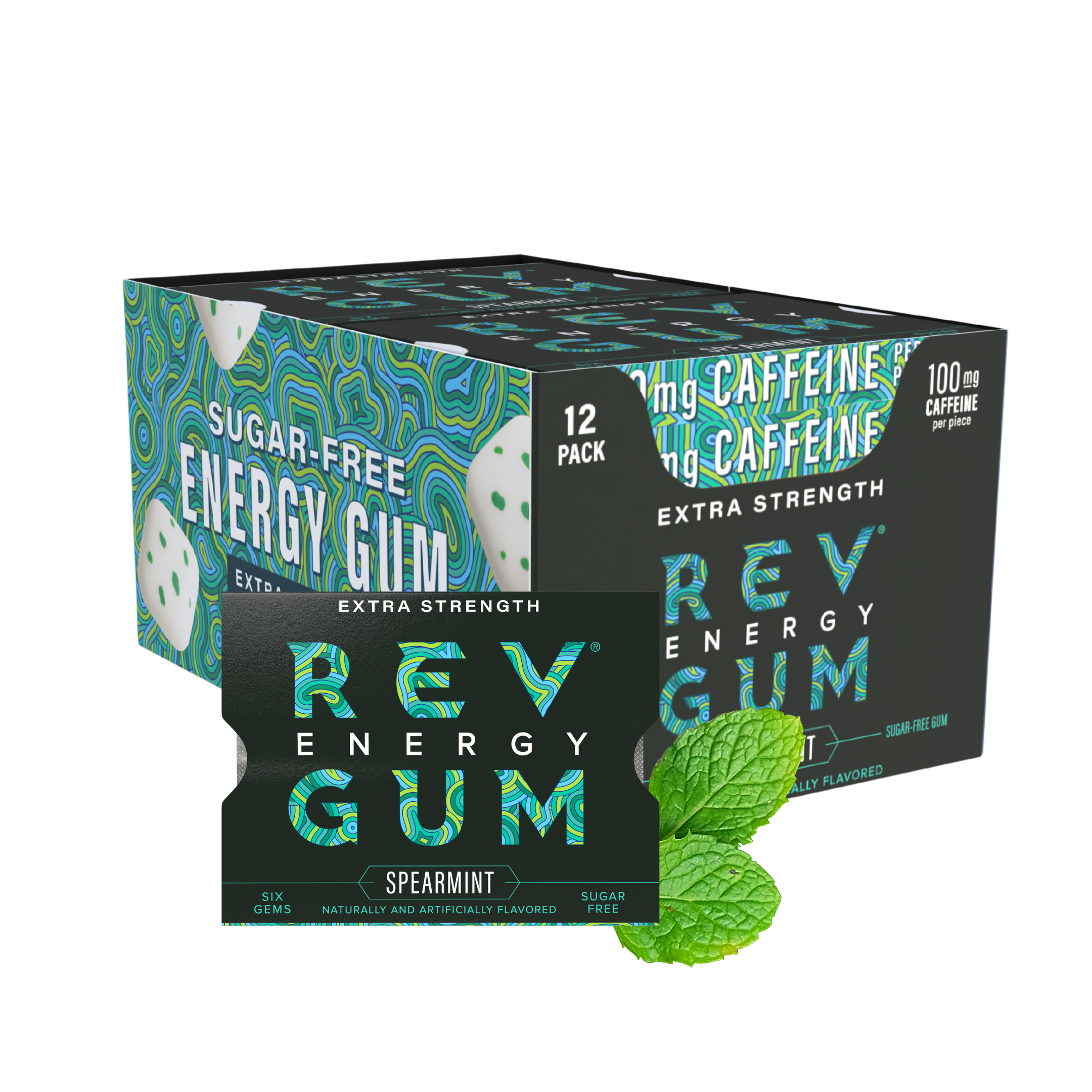 Box of REV Spearmint Extra Strength with a pack of REV Spearmint Extra Strength in front and mint leaves.