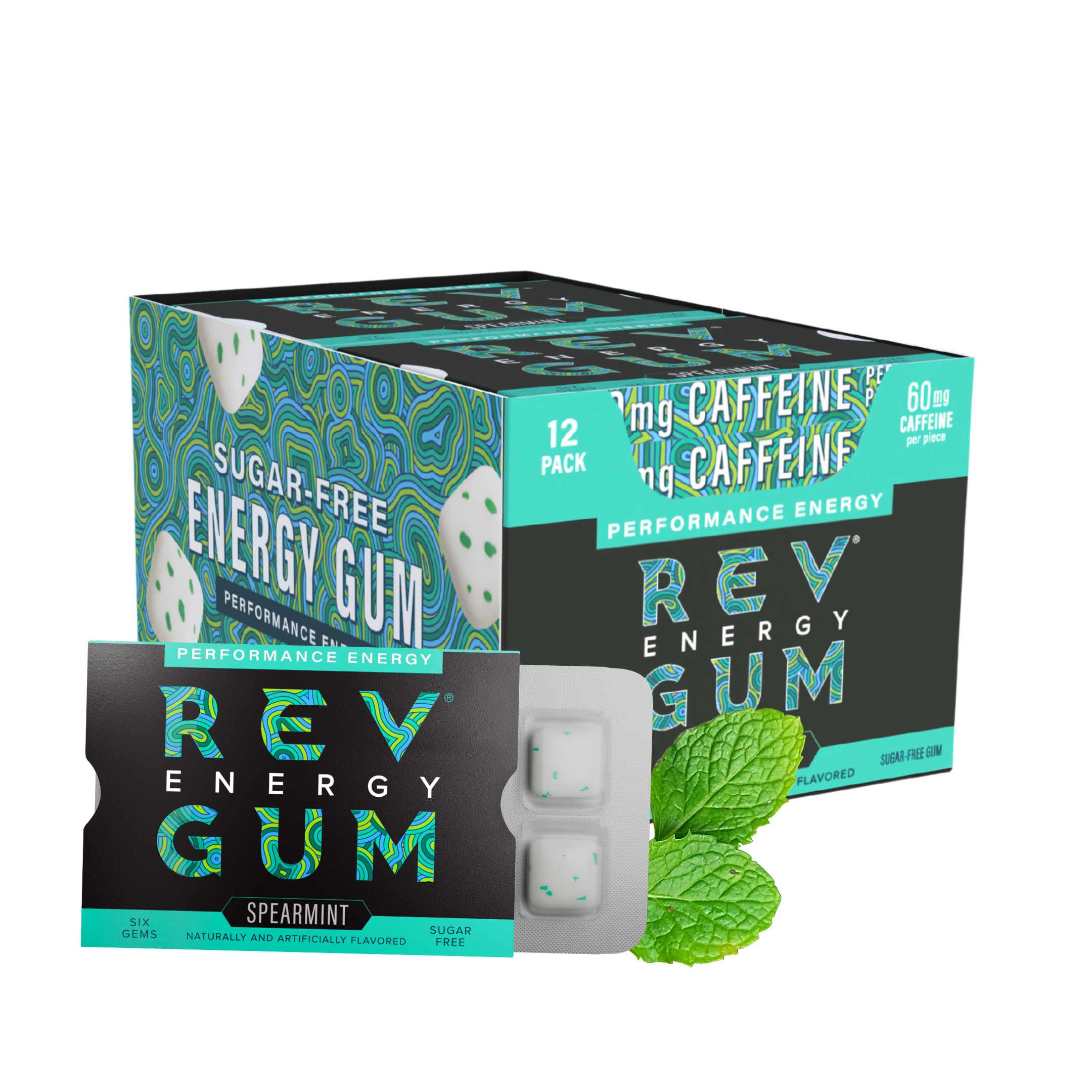 a pack of rev spearmint performance energy with spearmint leave to the side and  box of those same packs in the background. 