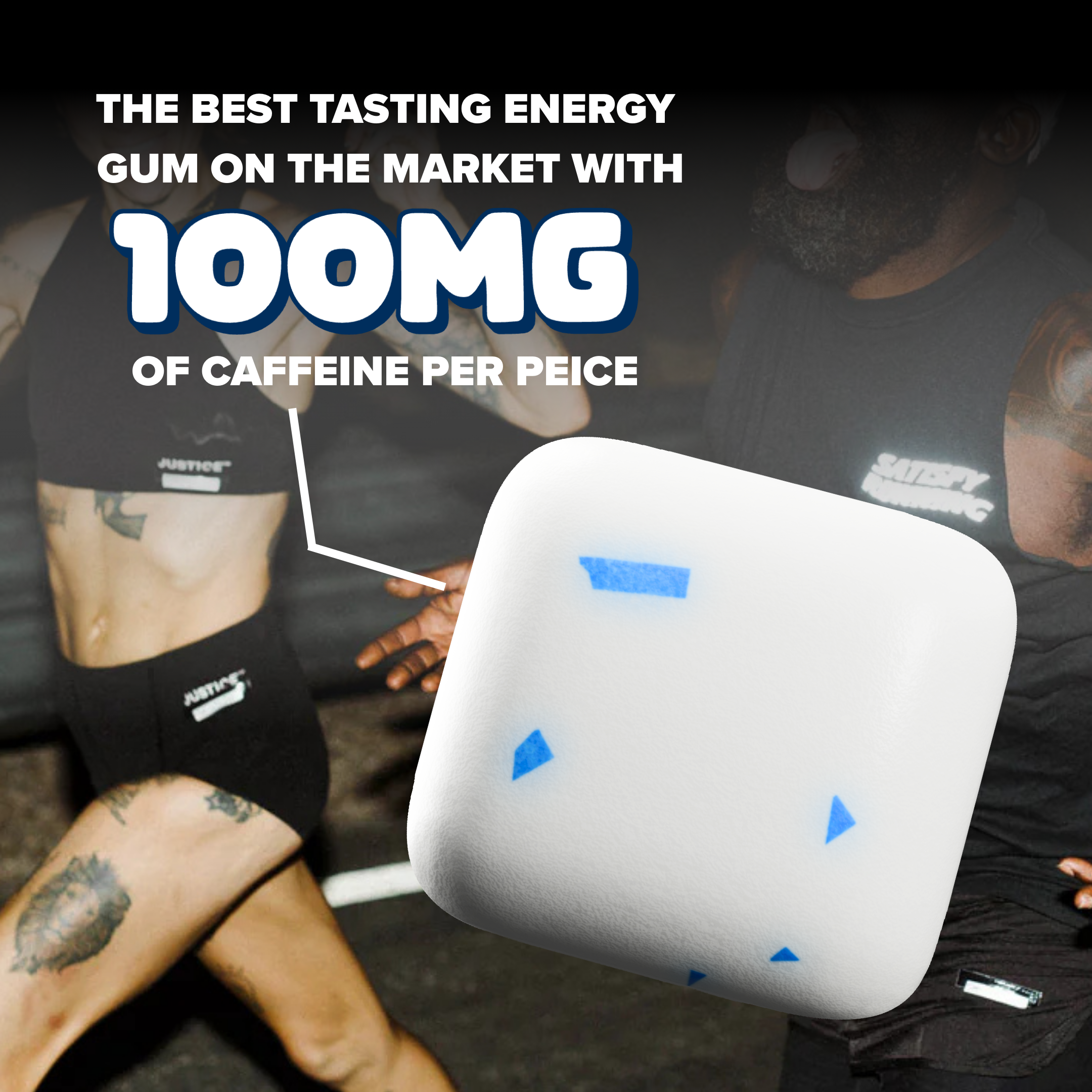an up close rendering of a piece of rev polar mint with a runner in the background and a depiction of it saying it contains 100mg of caffeine
