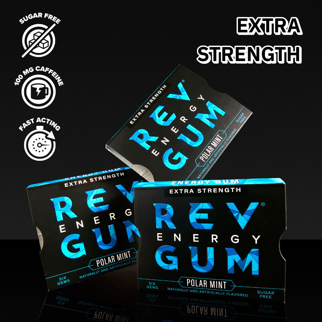 Three packages of Rev Energy Gum on a black background with product details.