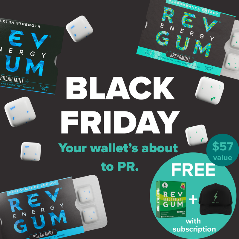 Advertisement for Rev Energy Gum with promotional text and product images on a dark background. "Black Friday", "Your wallet's about to PR".