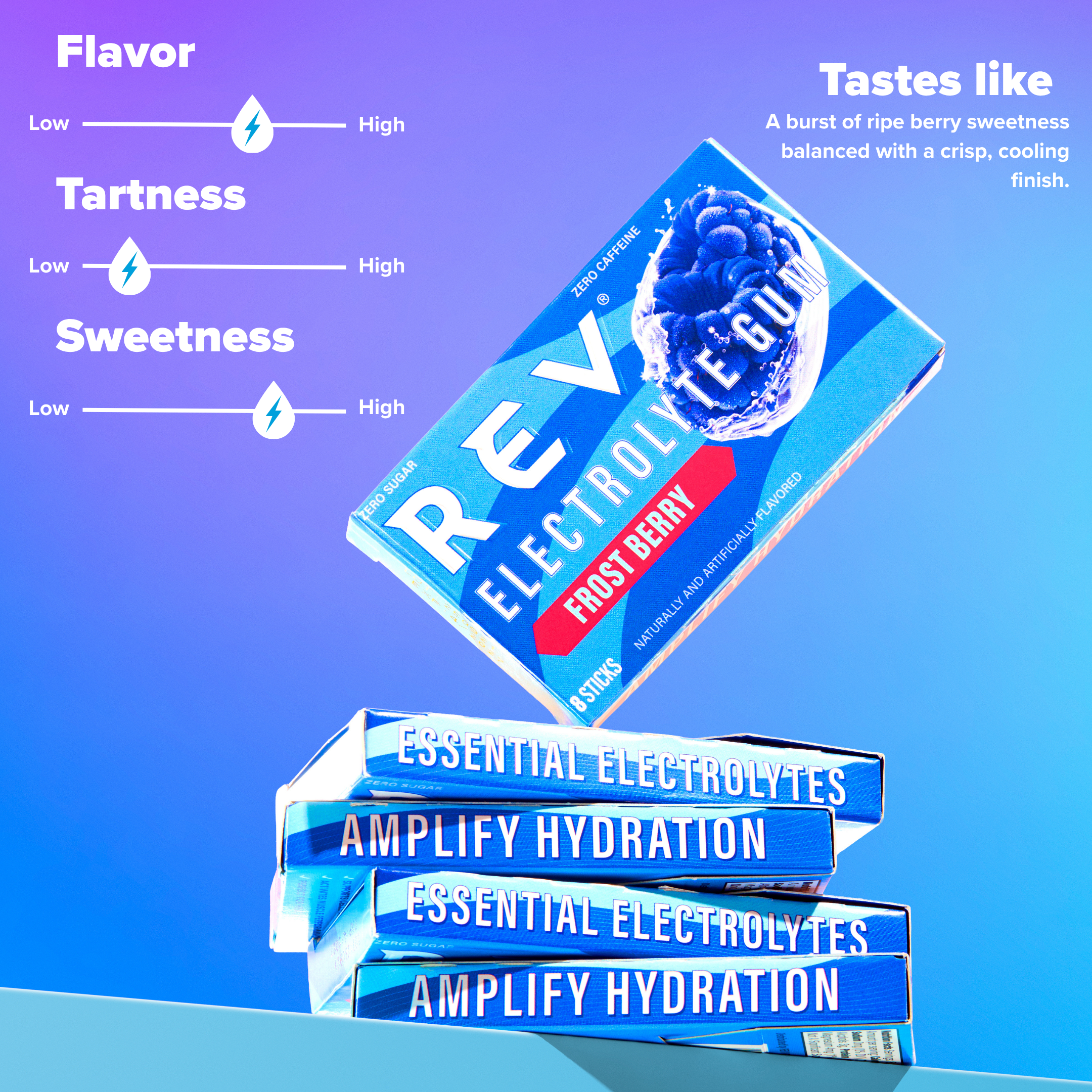 Stack of REV Electrolyte Frost berry packs with flavor, tartness, and sweetness ratings on a blue background