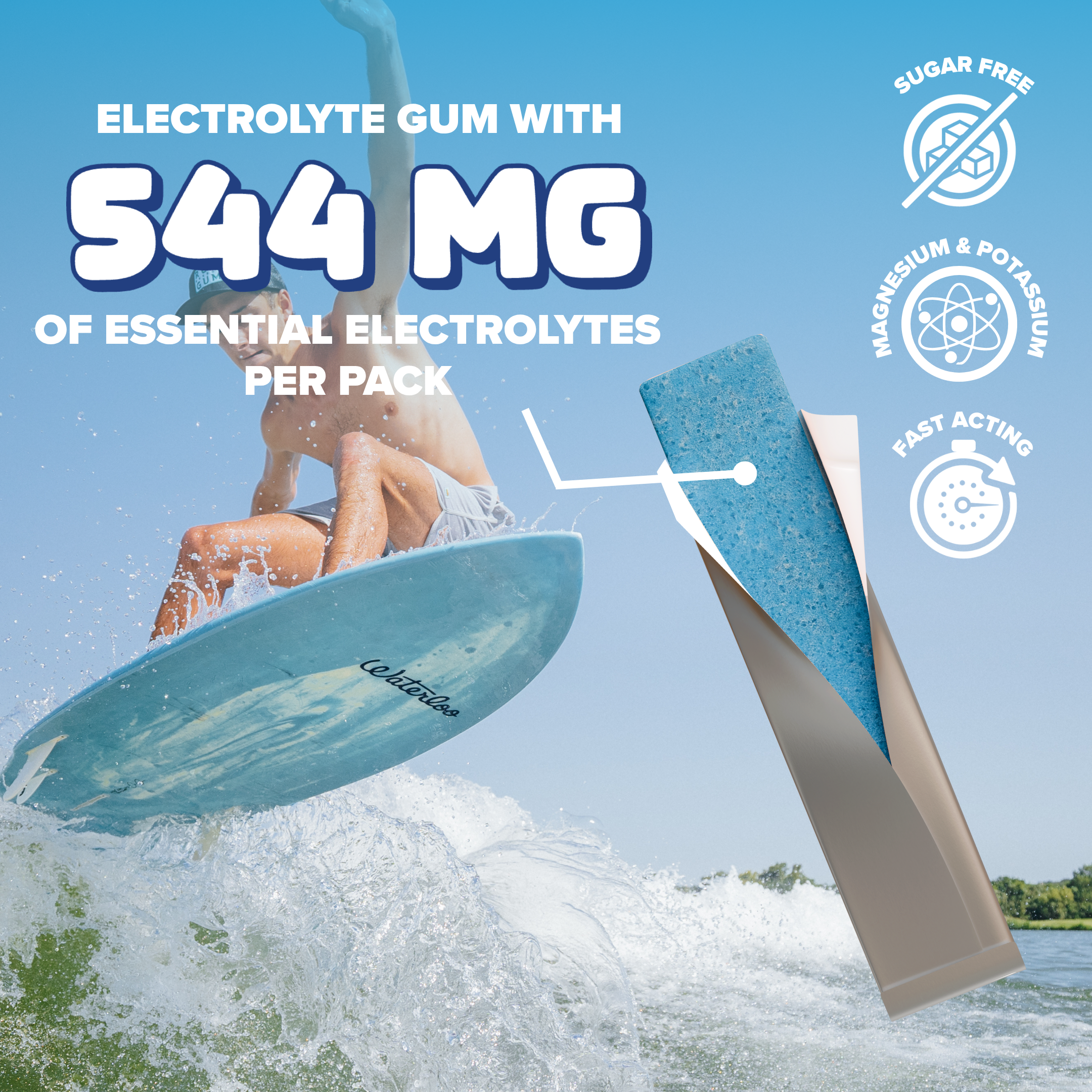 Electrolyte gum blown up for detail, with mention of how many electrolytes in a stick and a person on a surfboard in the background