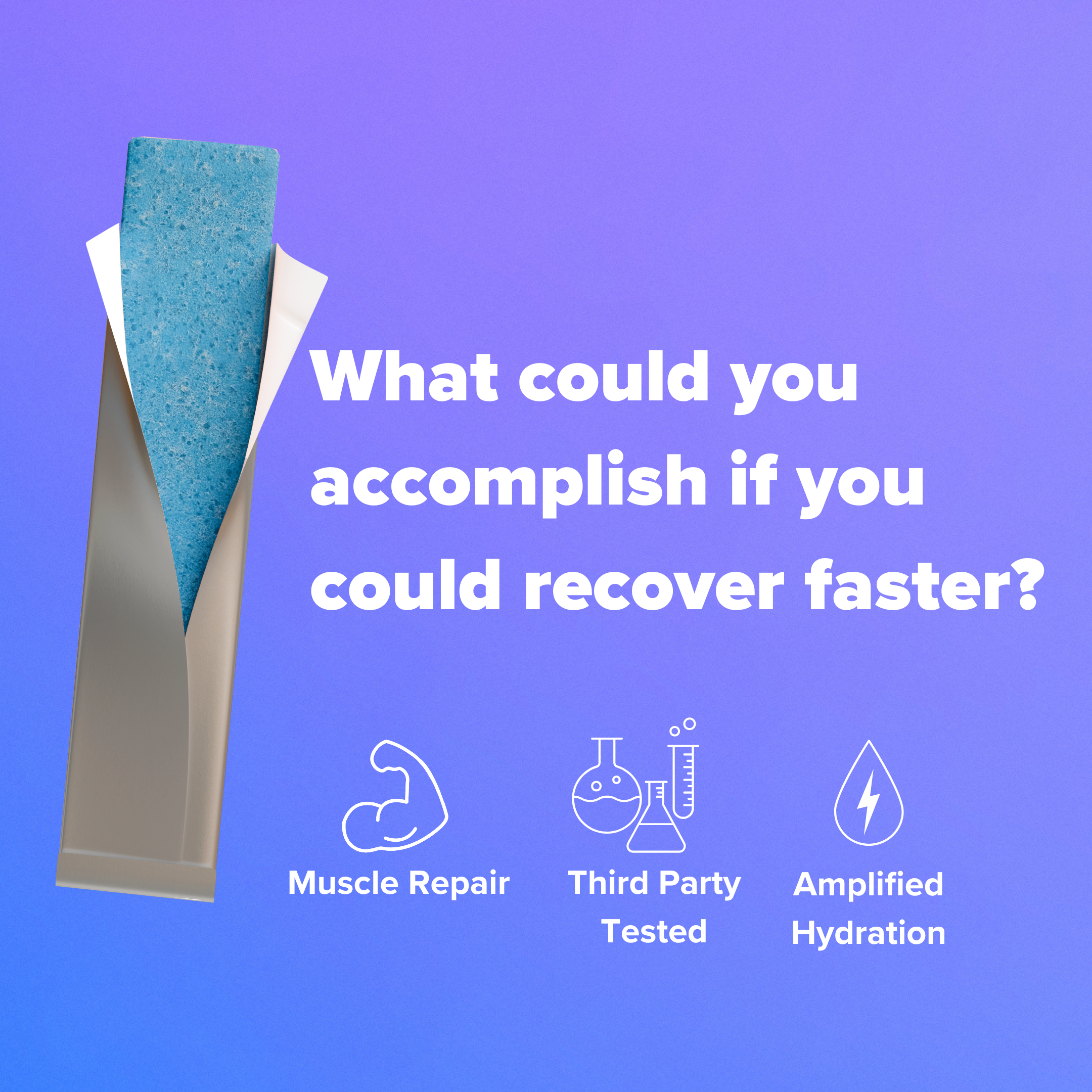 Product packaging with text and icons on a purple background