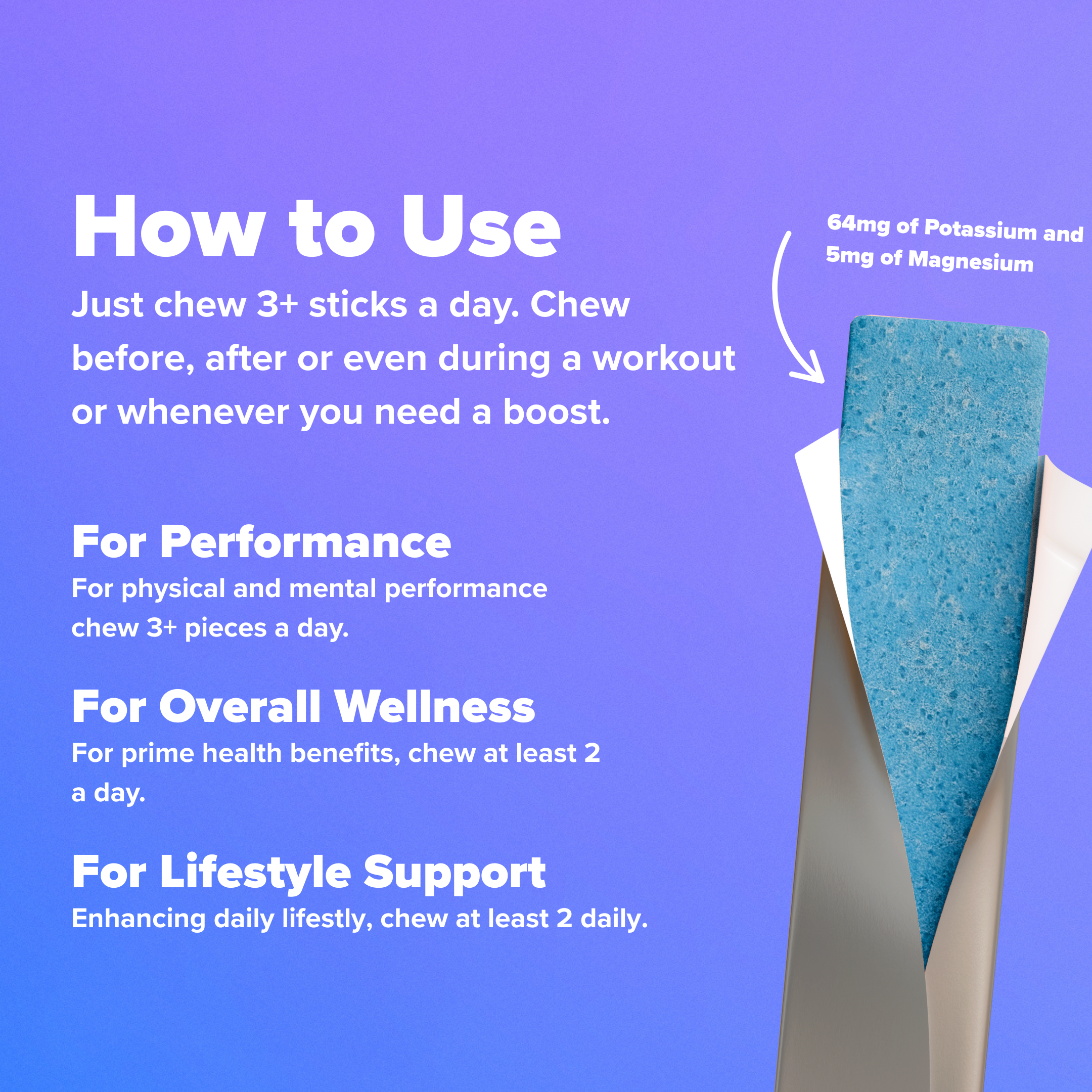 Instructions on how to use a product with a blue background and text detailing usage for performance, wellness, and lifestyle support.