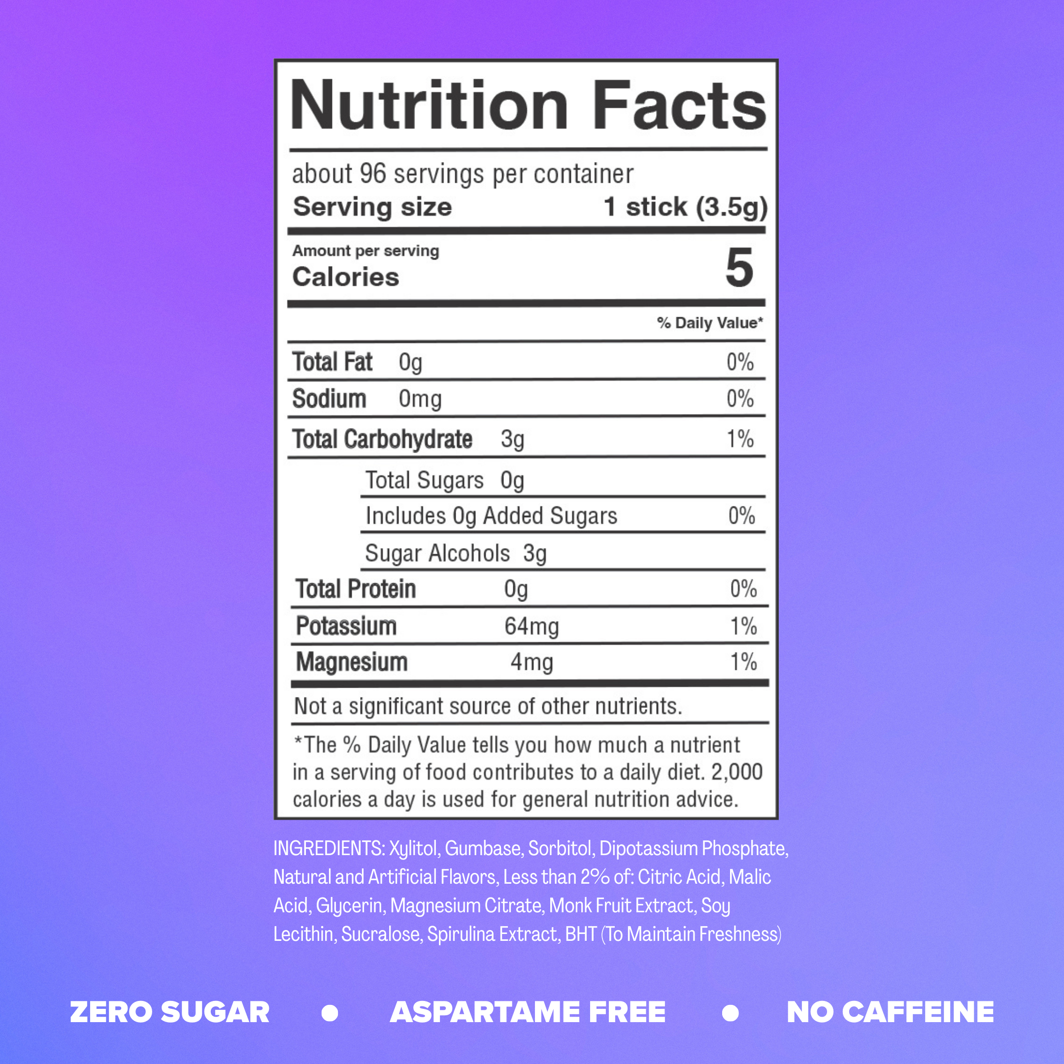 Nutrition facts label for Frost Berry Electrolyte gum on a purple background