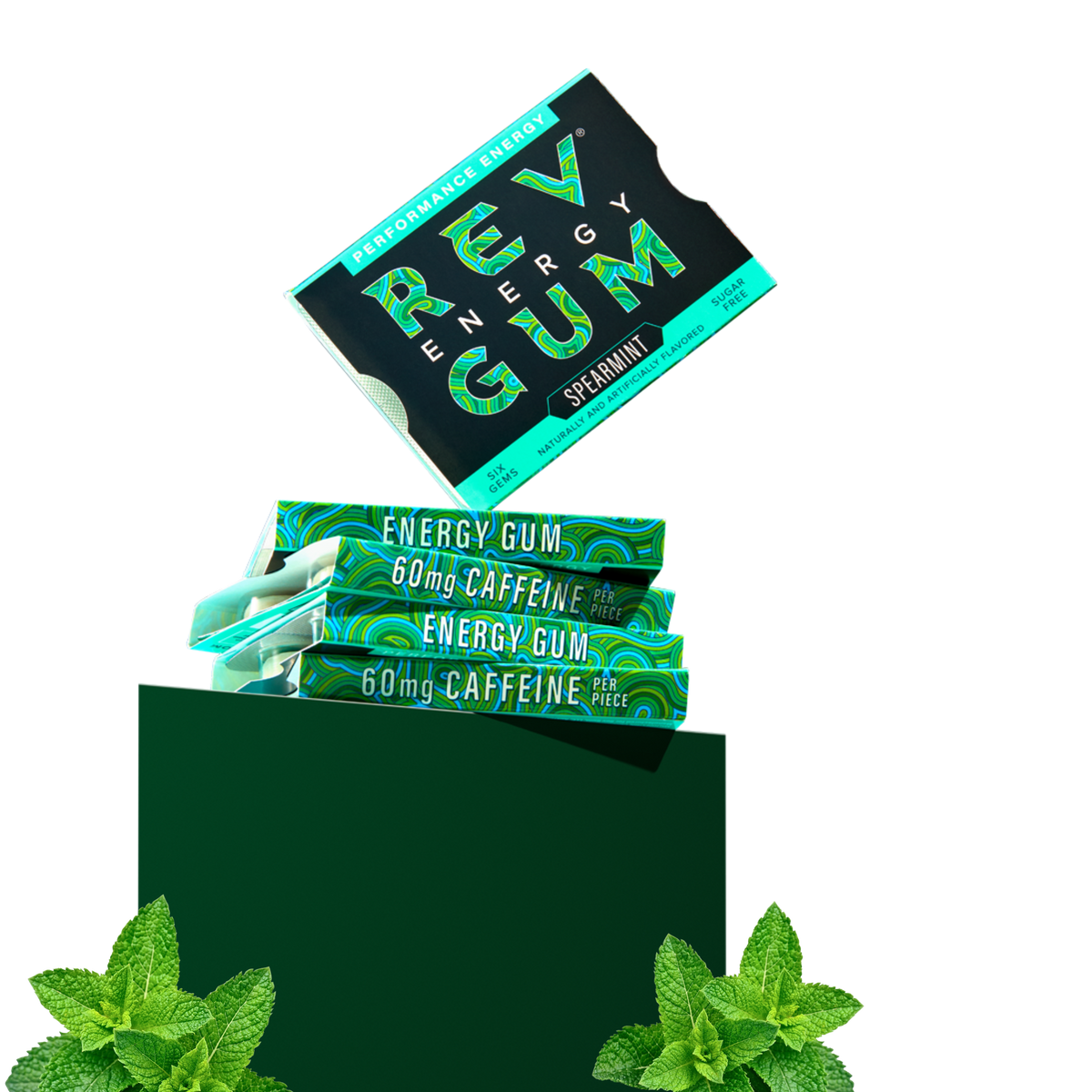 REV Energy Gum packaging with green leaves on a white background