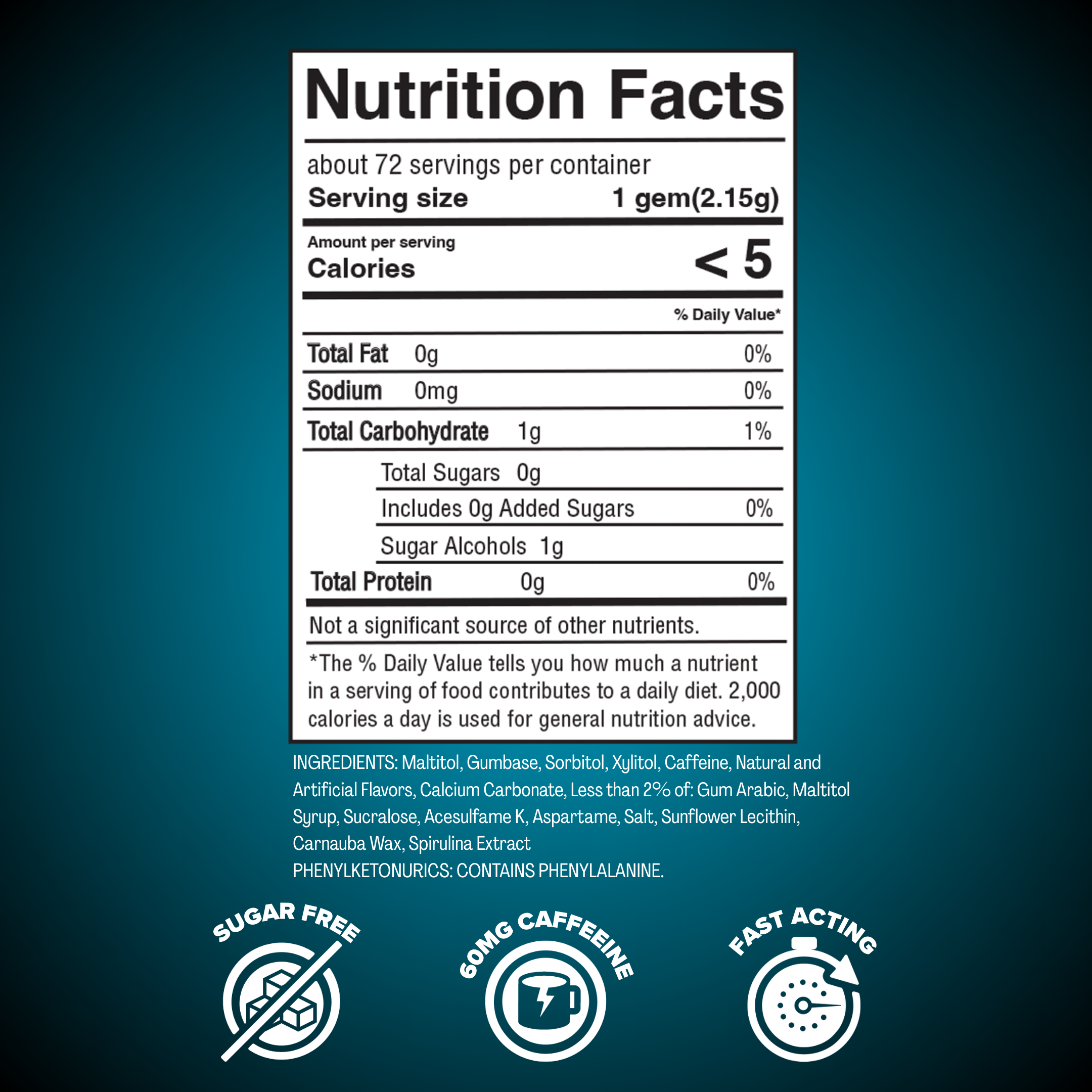 Nutrition facts label for REV Extra Strength Polar Mint with serving size, calories, and additional icons on a blue background