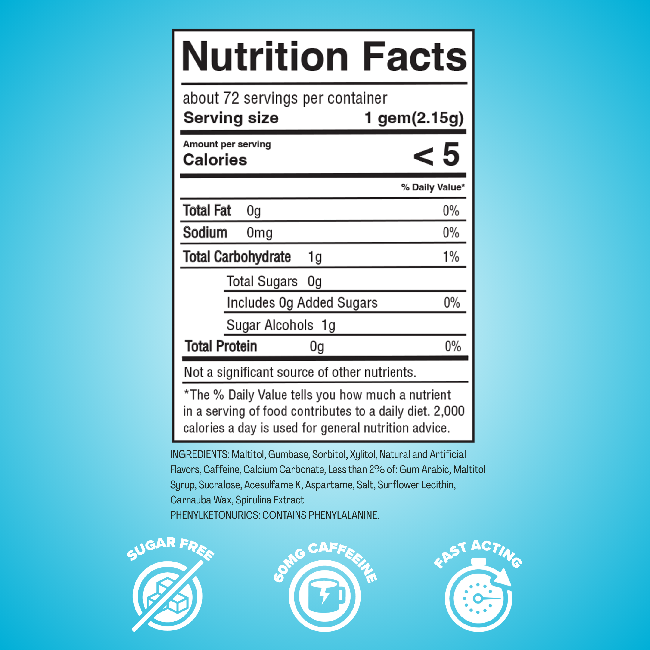 REV Polar Mint Performance energy nutrition label and icons indicating sugar free, 60mg of caffeine and fast acting. 