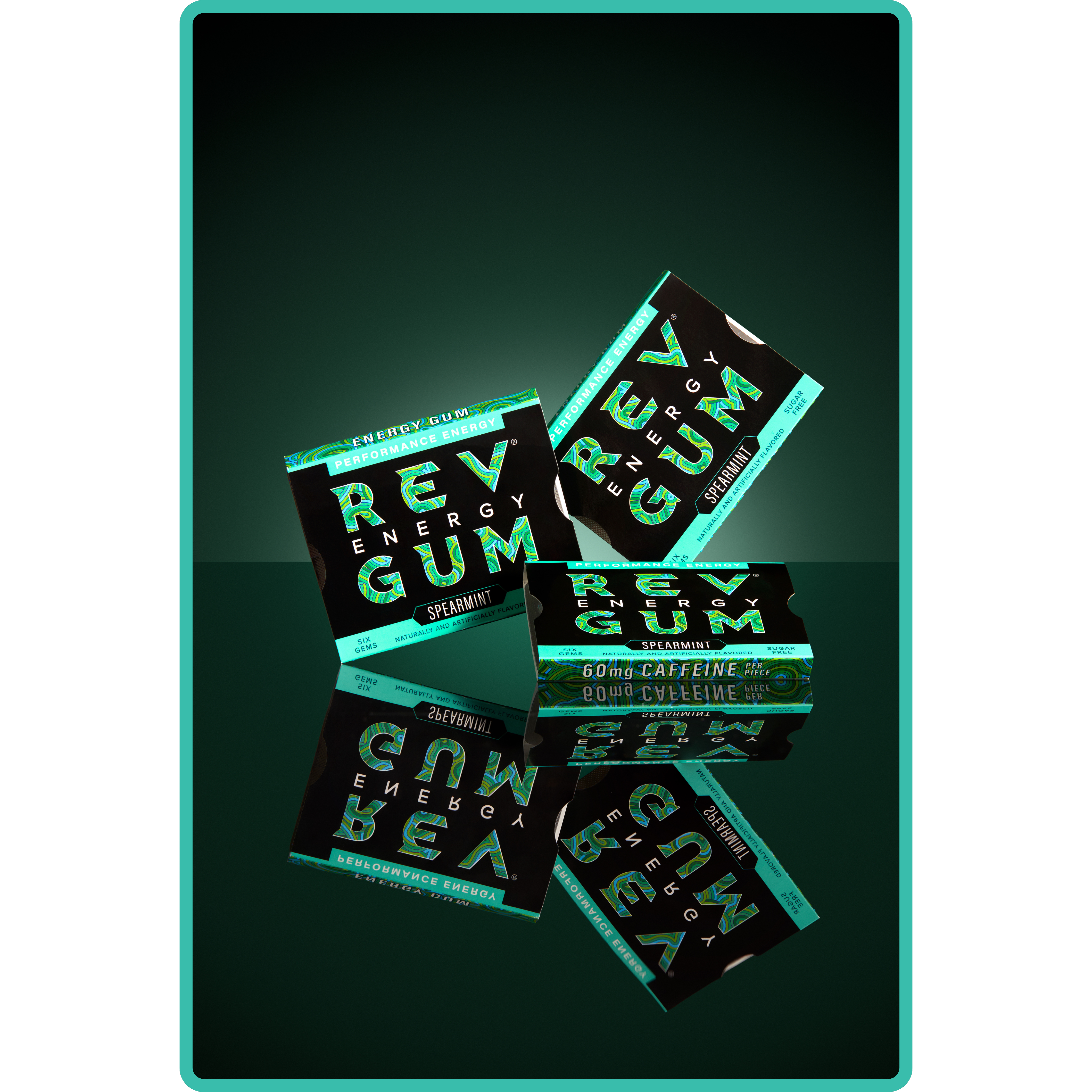 Green energy gum packaging with 'REV Energy Gum' text on a reflective surface.