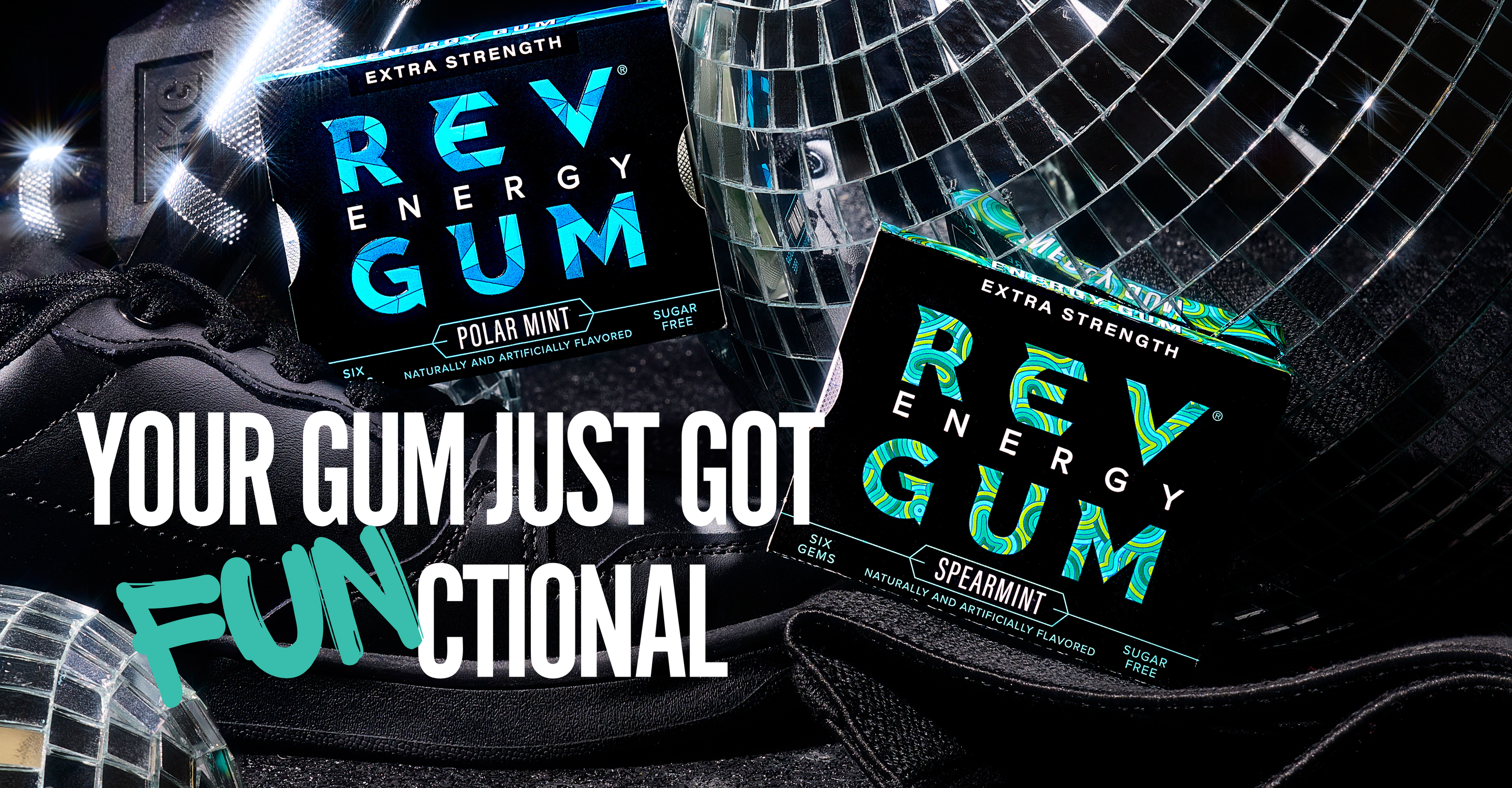 REV Energy Gum packaging with disco ball and text on a dark background, text reads "your gum just got FUNctional" 