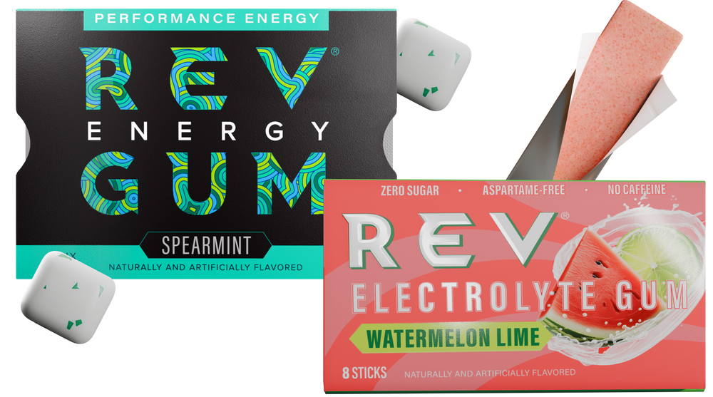 REV Energy Gum and REV Electrolyte Gum packaging with gum pieces displayed.