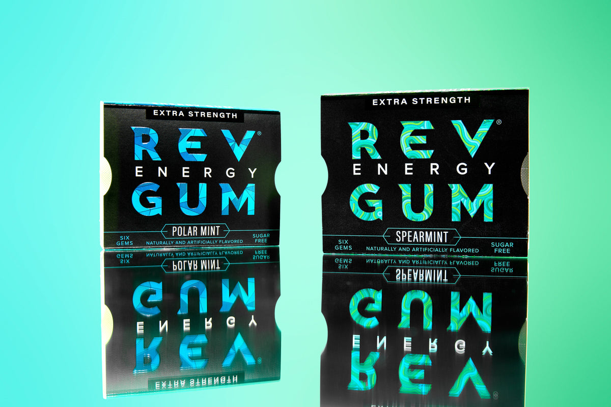 two packs of rev extra strength against a blue green gradient backgroud.